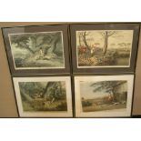 4 antique lithographic hunting prints after Henry Alken in thin, old ebonised wood frame. 32 x 44 cm