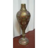 Large Asian brass vase with extensively engraved surface which has been well painted 68 cm high Good