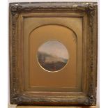 Unsigned, mid Victorian circular landscape oil, manner of Constable, in superb original gilt