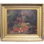 Large Victorian still-life oil on canvas of fruit, initialled J L in superb original frame 50 x 61