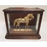 Antique cast metal horse in lovely old wooden and glass display case, unmarked 25 cm high x 33 cm in