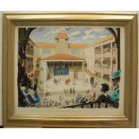 Large John Beaven (British mid 20thc illustrator) "The Globe theatre", framed 38 x 48 cm