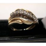 9ct yellow gold ring set with approx 38 diamonds, total weight approx 0.45ct. The central row