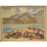 Large Scottish school oil on board, "Kylerhea, Skye from Glenele bay", indistinctly signed to label,