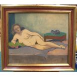 Indistinctly monogramed, Mid 20thC French oil on board, "Female nude model with cat, framed 30 x