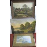 2 large antique landscape oils & an unsigned Italian landscape gouache in original frame All a/f