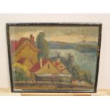 Indistinctly signed, French impressionist oil on card "Houses over-looking country river",