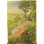 Large Mary Beresford Williams (born 1931) oil on canvas "A view from the allotments", signed,