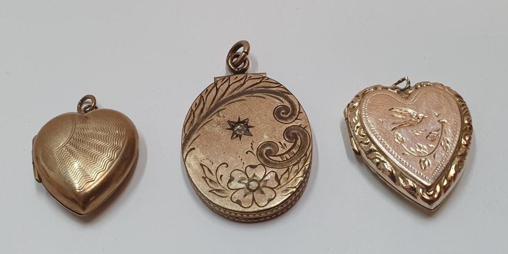 3 Lockets (2 9ct gold B&F and 1 unmarked) Gross weight 14.4 grams