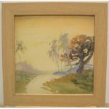 Elsie March (1884-1974) impressionist watercolour "Hazy river landscape", studio stamped verso,