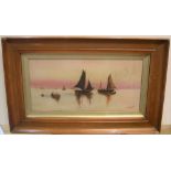 M L Harrison 1911 watercolour "Fishing boats at day-break" in original moulded frame 17 x 34 cm