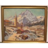 Charles Bernard 1955 oil on board, "Village in the French alps", extensively inscribed and dated