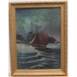 Small, late Victorian seascape oil on canvas of fishing boats returning to port, signed R WAIN,