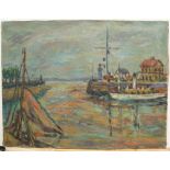 Large unsigned, mid 20thC French impressionist oil on canvas, "Off the coast, Honfleur", unframed 51