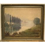 Unsigned, early 20thC French impressionist oil on artists board painting - the tranquil river,