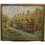 Indistinctly signed, impasto impressionist oil on board, "The tram", framed 51 x 63 cm