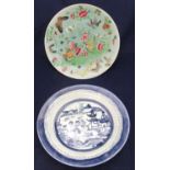 2 antique Chinese circular plates, 1 celadon with polychrome decoration, the other blue & white