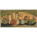 Peter Collins (1923-2001) oil "Veg and bottles", studio stamped, unframed 22 x 47 cm