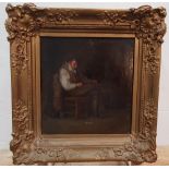 Unsigned late 18thC interior scene oil on hand cut oak panel, "The seated drunken man" antique gesso