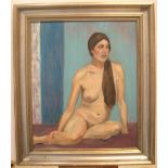 Unsigned 1970s oil on board portrait of a nude lady with long hair, framed 55 x 45 cm