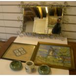 Collection of collectables including 2 mirrors, 3 Chinese bowls, 2 embroideries, collectables etc