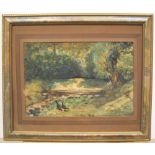 Indistinctly signed 1901 impressionist watercolour, Birds at wooded stream, signed and dated, framed