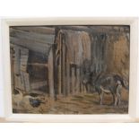 John Murray Thomson (Scottish 1885-1974) oil sketch, donkey before out-buildings, framed 24 x 31 cm