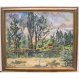 Large France Eude (French, mid 20thC) watercolour, country landscape, signed and inscribed, framed