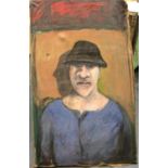 Large 1964 oil on canvas portrait of a man wearing a hat, manner of Francis Bacon, unframed,