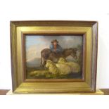 Small indistinctly signed oil oil on board"Man with donkey and sheep", manner of George Morland,