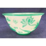 Chinese pressed glass bowl in green with marks to base 13cm in diameter, 6cm in height