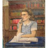 Unsigned, mid 20thC French oil on canvas, portrait of a lady before a book-case, unframed 51 x 46 cm