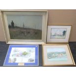 Collection of 4 pictures including a large 20thC oil, 2 watercolours & a print, all by differing