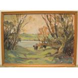 Unsigned, mid 20thC English impressionist school oil on thin card, cows in pastoral landscape in