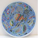 Richard Casey modernist enamelled circular shallow dish depicting fish. The dish measures 36 cm in