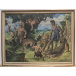 Isabel Barringer, mid 20thC, stylish oil on canvas "Classical scene with Leopard", framed 39 x 55 cm