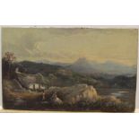 Indistinctly signed Victorian oil on relined canvas "Figures in a highland landscape", unframed 16 x