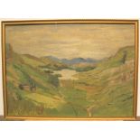 Peter Collins (1923-2001) oil on board "Panoramic valley landscape" studio stamped, framed 24 x 34