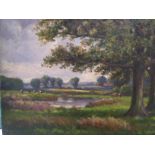 Edwardian oil "British pastoral landscape", unsigned, unframed 30 x 46 cm