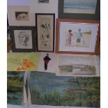 Collection of 14 oils, watercolours and prints, 3 framed Various sizes