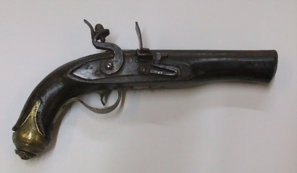 19thC antique flintlock pistol with brass escutcheons 29 in length