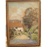 Early 20thC British school gouache "Figures in country road" signed B STAMP, glazed with hanging