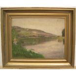 Peter Collins (1923-2001) oil om thick card "Tranquil lake scene", studio stamped and framed 26 x 35