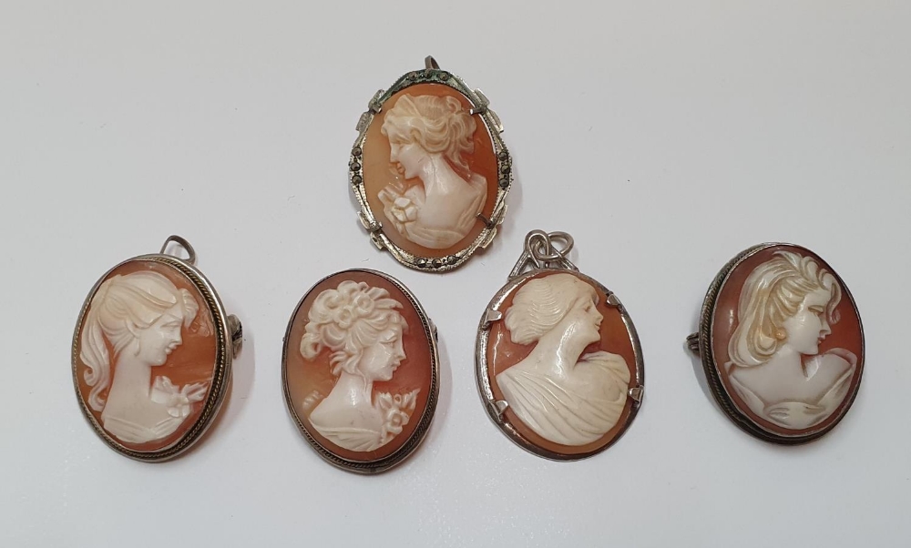 5 antique cameo brooches