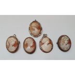 5 antique cameo brooches
