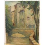 Indistinctly signed, French/Belgium impasto oil on canvas, "Continental houses and bridge scene",