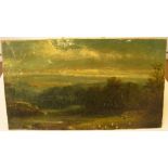Unsigned Victorian pastoral landscape oil which has been laid down onto card, unsigned, unframed