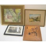 Collection of 2 early 20thC unsigned watercolours, in-laid wood picture and a reproduction