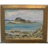 Peter Collins (1923-2001) oil on board "Coastal landscape", studio stamped, framed 29 x 38 cm