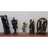 Collection of 4 well carved wooden figures and 1 brass figure, all originating from S E Asia (5